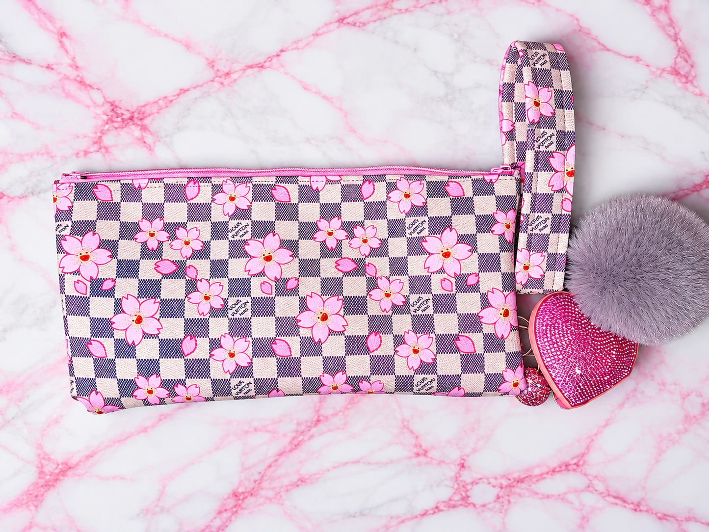 Makeup bag with keychain and accessories